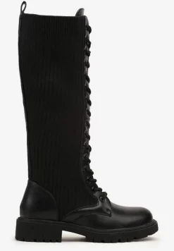 Czarne Sznurowane Kozaki z Prążkowaną Dzianinową Cholewką Florinissa