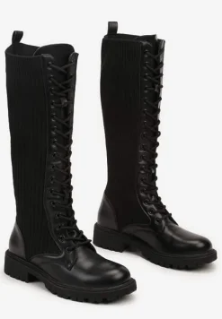 Czarne Sznurowane Kozaki z Prążkowaną Dzianinową Cholewką Florinissa