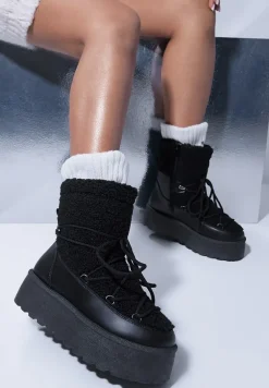 Czarne Sznurowane Śniegowce Vices na Platformie z Futerkiem Ravorelle