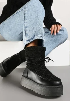 Czarne Sznurowane Śniegowce Vices na Platformie z Futerkiem Ravorelle