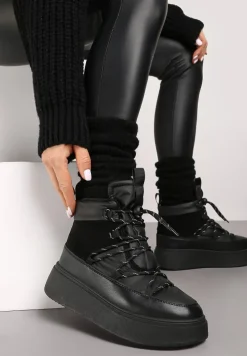 Czarne Sznurowane Śniegowce Mocno Ocieplane na Platformie Tinnacia