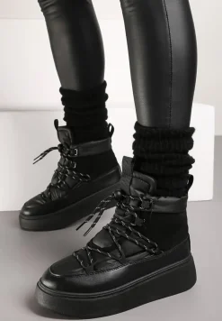 Czarne Sznurowane Śniegowce Mocno Ocieplane na Platformie Tinnacia