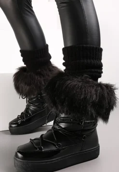 Czarne Sznurowane Śniegowce z Ozdobną Tasiemką z Napisem i Sztucznym Futerkiem Uwenia