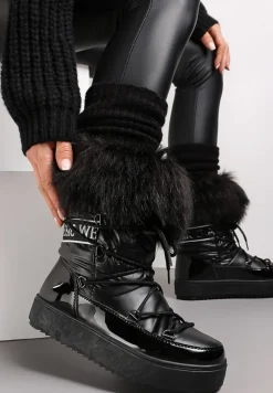 Czarne Sznurowane Śniegowce z Ozdobną Tasiemką z Napisem i Sztucznym Futerkiem Uwenia