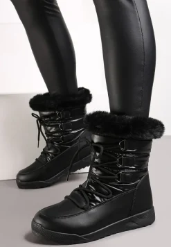 Czarne Sznurowane Śniegowce z Ozdobnym Futerkiem Betmiga