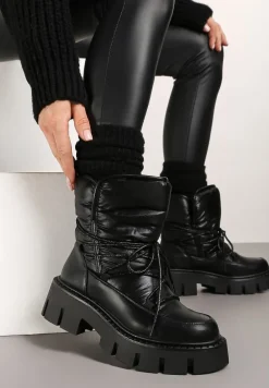 Czarne Sznurowane Śniegowce na Platformie z Tłoczeniem Ozdobione Metaliczną Nicią Batirae