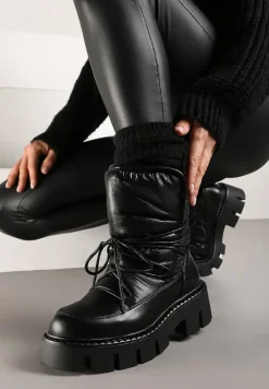 Czarne Sznurowane Śniegowce na Platformie z Tłoczeniem Ozdobione Metaliczną Nicią Batirae