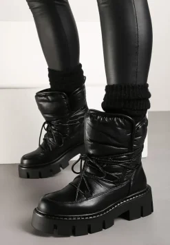 Czarne Sznurowane Śniegowce na Platformie z Tłoczeniem Ozdobione Metaliczną Nicią Batirae