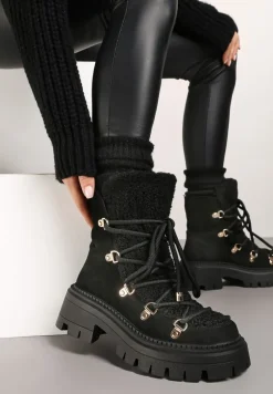 Czarne Sznurowane Śniegowce na Platformie z Ociepleniem Innathiel