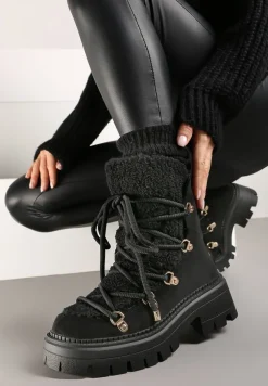 Czarne Sznurowane Śniegowce na Platformie z Ociepleniem Innathiel