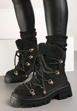 Czarne Sznurowane Śniegowce na Platformie z Ociepleniem Innathiel