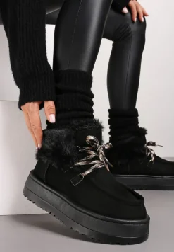Czarne Sznurowane Śniegowce na Platformie Ocieplone Futerkiem Liatheine