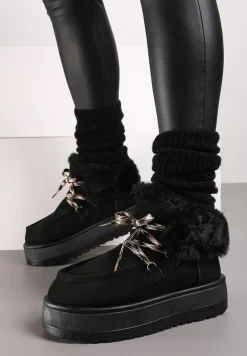 Czarne Sznurowane Śniegowce na Platformie Ocieplone Futerkiem Liatheine