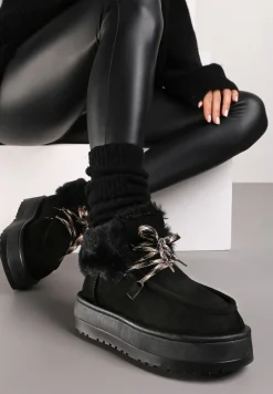 Czarne Sznurowane Śniegowce na Platformie Ocieplone Futerkiem Liatheine