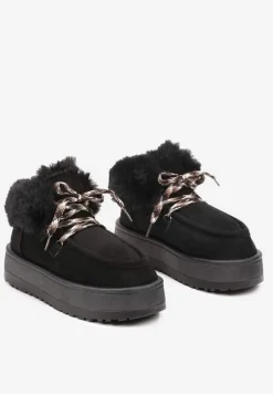 Czarne Sznurowane Śniegowce na Platformie Ocieplone Futerkiem Liatheine