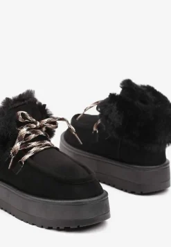 Czarne Sznurowane Śniegowce na Platformie Ocieplone Futerkiem Liatheine