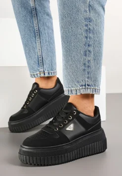 Czarne Sznurowane Sneakersy Vices Tłoczonej Platformie Ozdobione Trójkątem Raviri