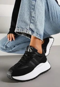 Czarne Sznurowane Sneakersy Vices na Platformie z Ozdobnymi Paskami Seliniel
