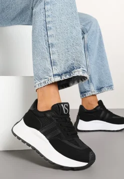 Czarne Sznurowane Sneakersy Vices na Platformie z Ozdobnymi Paskami Seliniel