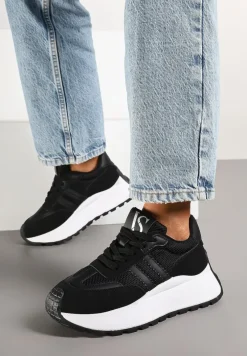 Czarne Sznurowane Sneakersy Vices na Platformie z Ozdobnymi Paskami Seliniel