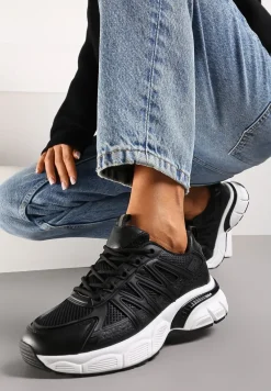 Czarne Sznurowane Sneakersy z Ekoskóry z Siateczką i Odblaskami Aeriesa