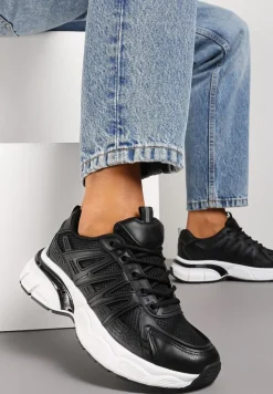 Czarne Sznurowane Sneakersy z Ekoskóry z Siateczką i Odblaskami Aeriesa