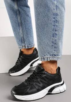 Czarne Sznurowane Sneakersy z Ekoskóry z Siateczką i Odblaskami Aeriesa