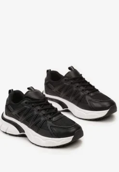 Czarne Sznurowane Sneakersy z Ekoskóry z Siateczką i Odblaskami Aeriesa