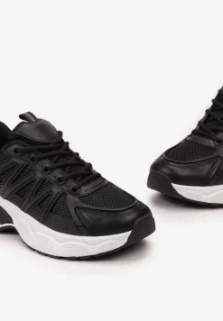 Czarne Sznurowane Sneakersy z Ekoskóry z Siateczką i Odblaskami Aeriesa