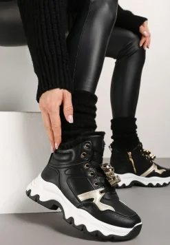 Czarne Sznurowane Sneakersy na Płaskiej Podeszwie za Kostkę z Aplikacjami Misiów Temisza