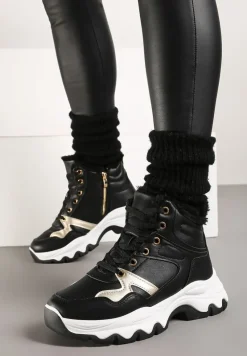 Czarne Sznurowane Sneakersy na Płaskiej Podeszwie za Kostkę z Aplikacjami Misiów Temisza