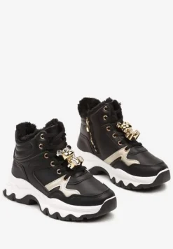 Czarne Sznurowane Sneakersy na Płaskiej Podeszwie za Kostkę z Aplikacjami Misiów Temisza