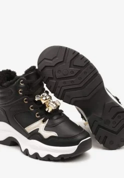 Czarne Sznurowane Sneakersy na Płaskiej Podeszwie za Kostkę z Aplikacjami Misiów Temisza