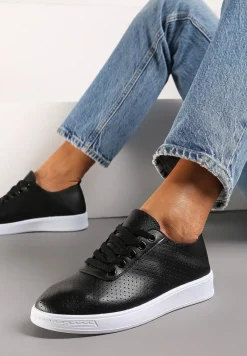 Czarne Sznurowane Tenisówki przed Kostkę Ozdobione Perforacją Hlero