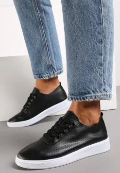 Czarne Sznurowane Tenisówki przed Kostkę Ozdobione Perforacją Hlero