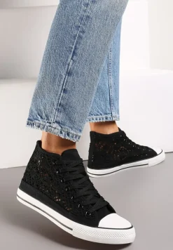 Czarne Sznurowane Trampki Ozdobione Ażurowym Wzorem Bokra