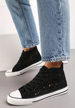 Czarne Sznurowane Trampki Ozdobione Ażurowym Wzorem Bokra