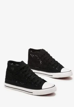 Czarne Sznurowane Trampki Ozdobione Ażurowym Wzorem Bokra