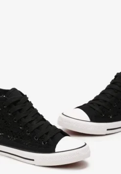 Czarne Sznurowane Trampki Ozdobione Ażurowym Wzorem Bokra