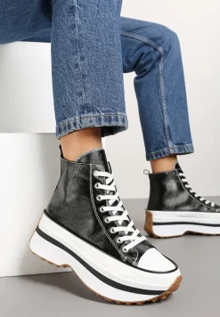 Czarne Sznurowane Trampki za Kostkę na Platformie Ealsevia