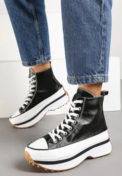 Czarne Sznurowane Trampki za Kostkę na Platformie Ealsevia