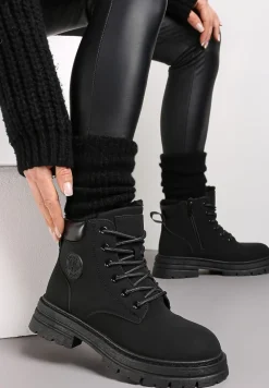 Czarne Sznurowane Traperki na Płaskim Obcasie ze Sztucznym Futerkiem Diarrave