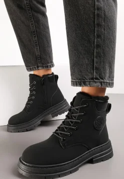 Czarne Sznurowane Traperki na Płaskim Obcasie ze Sztucznym Futerkiem Diarrave