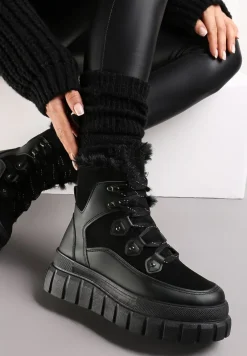 Czarne Sznurowane Traperki na Platformie z Wycięciami Paavola