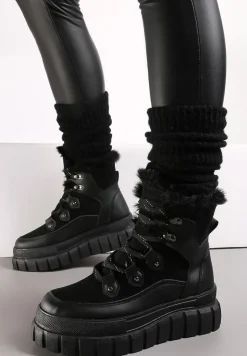 Czarne Sznurowane Traperki na Platformie z Wycięciami Paavola