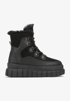 Czarne Sznurowane Traperki na Platformie z Wycięciami Paavola