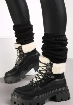 Czarne Sznurowane Traperki na Płaskiej Podeszwie z Futerkiem Alita