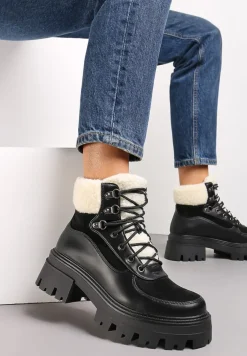 Czarne Sznurowane Traperki na Płaskiej Podeszwie z Futerkiem Alita