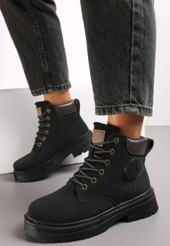 Czarne Sznurowane Traperki Ocieplone Futerkiem Lunaga
