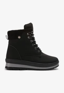 Czarne Sznurowane Traperki z Ekoskóry z Futerkiem i Ozdobną Wstawką Pisanara